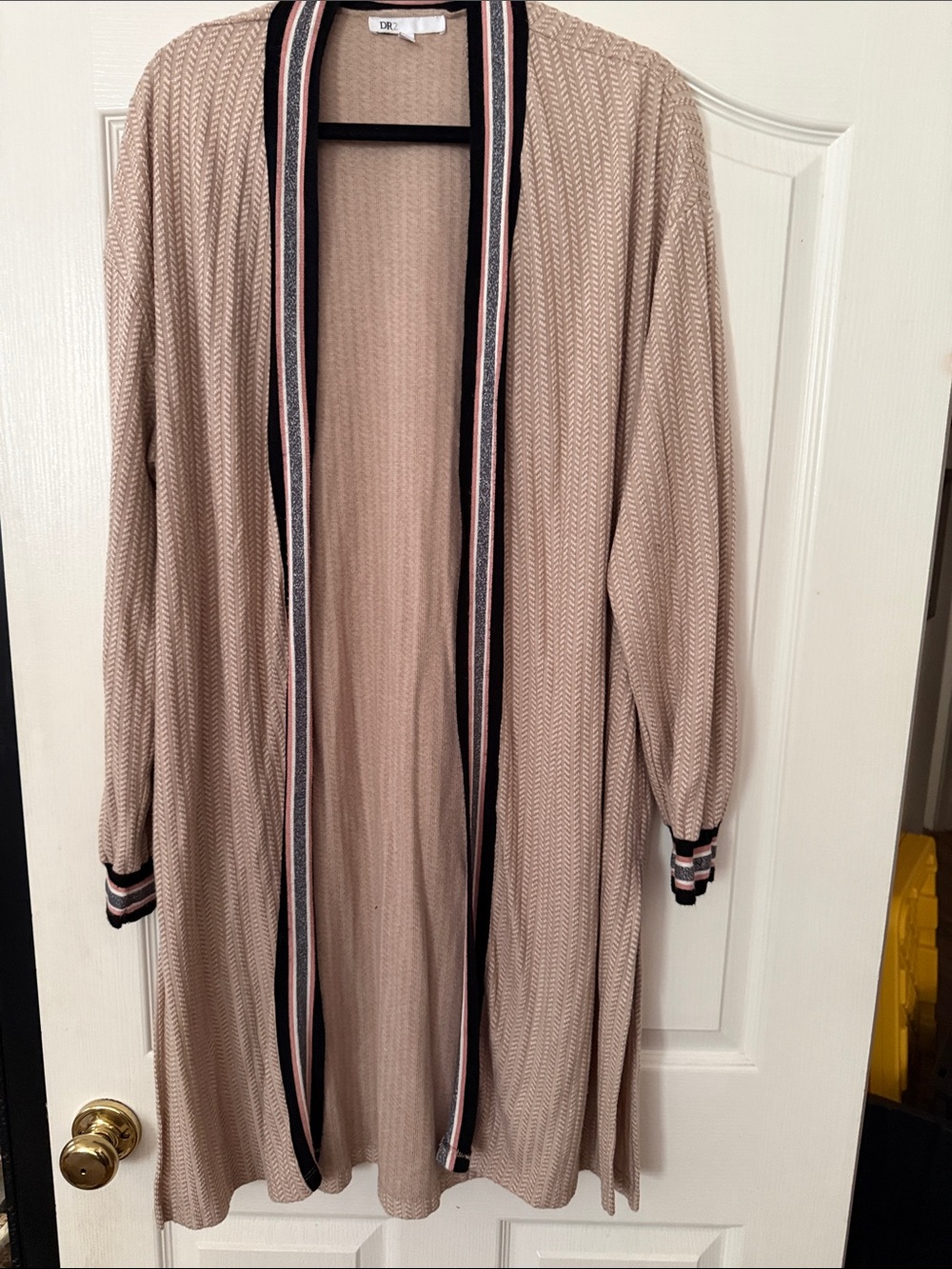 DR2 Taupe Open-Front Knit Cardigan with Striped Trim